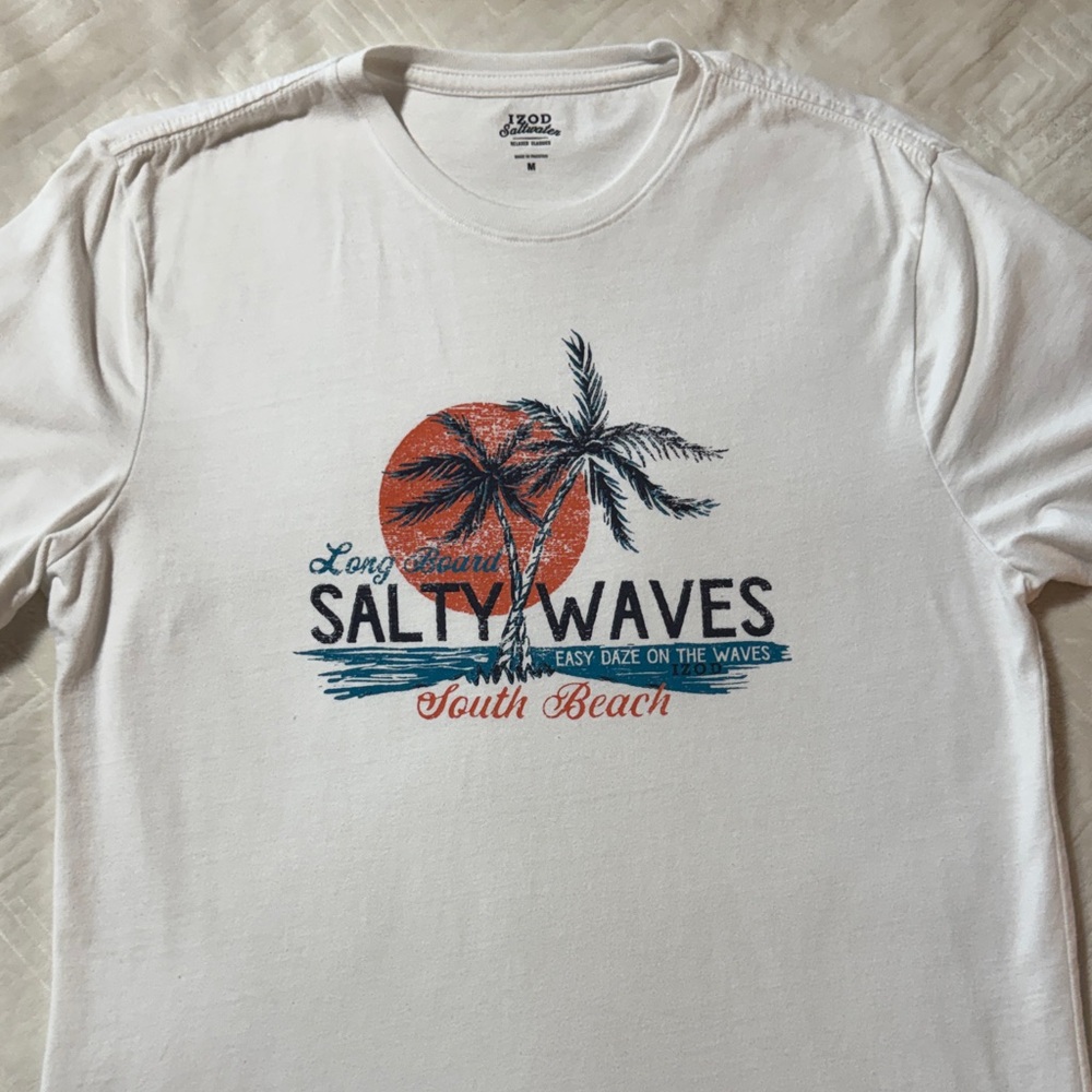 Izod White Long Sleeve 'Salty Waves' Graphic Shirt with Blue and Orange Print